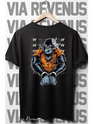 Goril Sırt Baskılı Oversize Geniş Kalıp Bisiklet Yaka Siyah Tshirt
