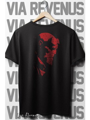  Hellboy Sırt Baskılı Oversize Geniş Kalıp Bisiklet Yaka Siyah Tshirt