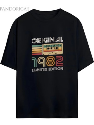  Pandorica's Vintage 1982 Doğum Yılı Baskılı Retro Tasarım Serisi Unisex Pamuklu Tişört