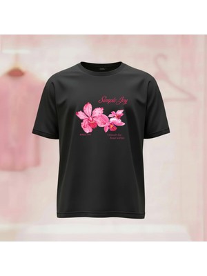  Simple Joy Çiçek Baskılı Bisiklet Yaka Geniş Kalıp Tshirt