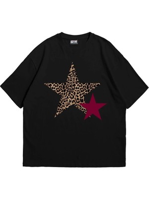  Y2K Leopar Starz Baskılı Oversize Unisex Siyah