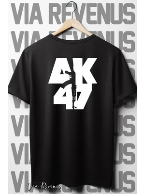  AK47 Sırt Baskılı Bisiklet Yaka Siyah Oversize Geniş Kalıp Tshirt