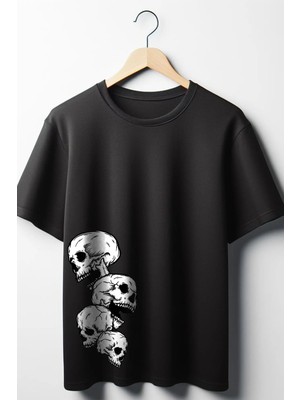  Kurukafa Baskılı Oversize Geniş Kalıp Unisex Bisiklet Yaka Siyah Tshirt