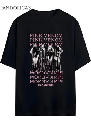  Blackpınk Tasarım Serisi "pınk Venom" Yazılı Baskılı Unisex Relaxed Kalıp Tişört