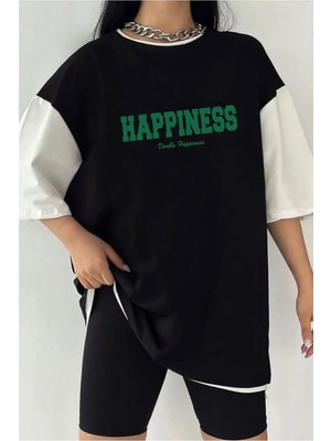 Çift Renk Happıness Baskılı Unisex Tshirt