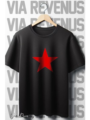  Kızıl Yıldız Baskılı Oversize Geniş Kalıp Bisiklet Yaka Siyah Tshirt