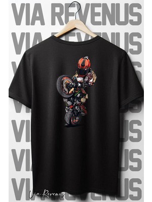  Motorcu Sırt Baskılı Oversize Geniş Kalıp Bisiklet Yaka Siyah Tshirt