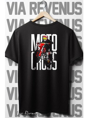  Motocross Sırt Baskılı Oversize Geniş Kalıp Bisiklet Yaka Siyah Tshirt