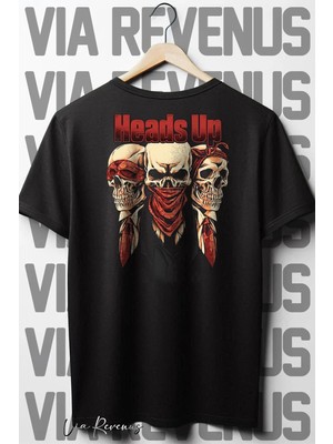  Heads Up Sırt Baskılı Oversize Geniş Kalıp Bisiklet Yaka Siyah Tshirt