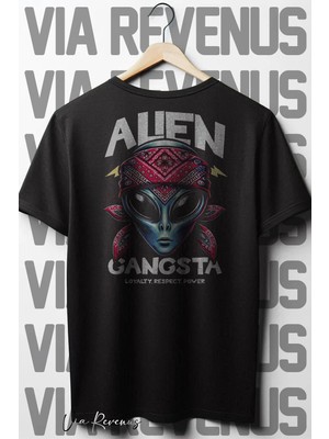  Alien Gangsta Sırt Baskılı Bisiklet Yaka Siyah Oversize Geniş Kalıp Tshirt