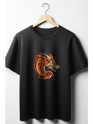  Ejderha Baskılı Oversize Geniş Kalıp Unisex Bisiklet Yaka Siyah Tshirt