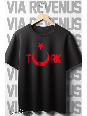  Türk - Ay Yıldız Baskılı Oversize Geniş Kalıp Bisiklet Yaka Tshirt