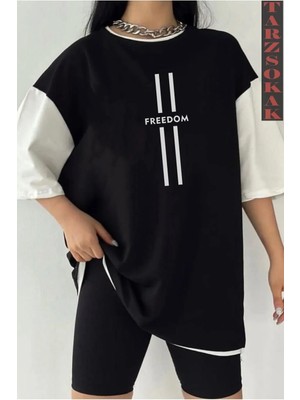  Siyah Oversize Çift Renk Freedom Yazı Baskılı Unisex Tshirt
