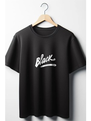  Black Yazı Baskılı Oversize Geniş Kalıp Unisex Bisiklet Yaka Siyah Tshirt