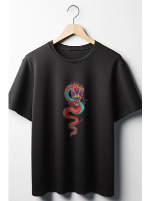  Ejderha Baskılı Oversize Geniş Kalıp Unisex Bisiklet Yaka Siyah Tshirt