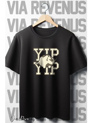  Avatar Appa Yıp Yıp Baskılı Oversize Geniş Kalıp Bisiklet Yaka Siyah Tshirt
