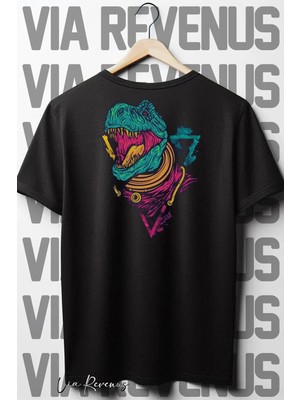  Dino Sırt Baskılı Oversize Geniş Kalıp Bisiklet Yaka Siyah Tshirt