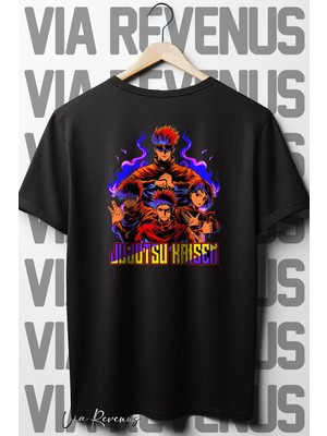  Jujutsu Kaisen Sırt Baskılı Oversize Geniş Kalıp Bisiklet Yaka Siyah Tshirt