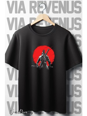  Samurai Baskılı Oversize Geniş Kalıp Bisiklet Yaka Siyah Tshirt