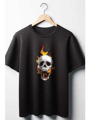  Kurukafa Baskılı Oversize Geniş Kalıp Unisex Bisiklet Yaka Siyah Tshirt