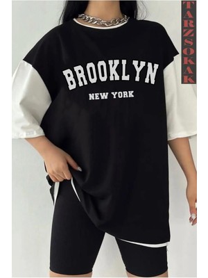  Siyah Oversize Çift Renk Brooklyn Nyc Baskılı Unisex Tshirt