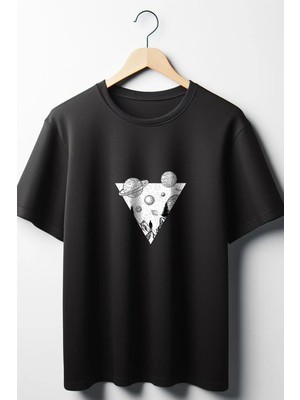  Uzay Baskılı Oversize Geniş Kalıp Unisex Bisiklet Yaka Siyah Tshirt