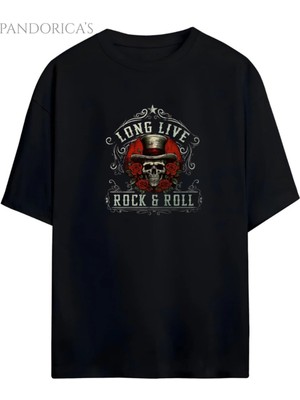 Pandorica's Rock Tasarım Serisi "long Lıve Rock & Roll" Yazılı Baskılı Unisex Pamuklu T-Shirt