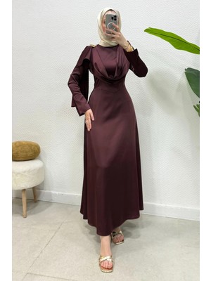 Abiye Diyarı Bonna Broşlu Saten Tesettür Abiye- Mürdüm