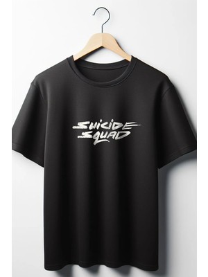  Suicide Squad Yazı Baskılı Oversize Geniş Kalıp Unisex Bisiklet Yaka Siyah Tshirt
