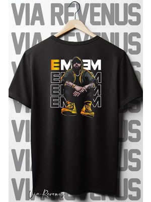  Eminem Sırt Baskılı Oversize Geniş Kalıp Bisiklet Yaka Siyah Tshirt