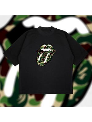  A Bathing Ape x Rolling Stones Green Boxy Fit Oversize Unisex Tshirt – Baskılı Tiş