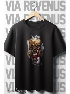  Mechanic Skull Baskılı Oversize Geniş Kalıp Bisiklet Yaka Siyah Tshirt