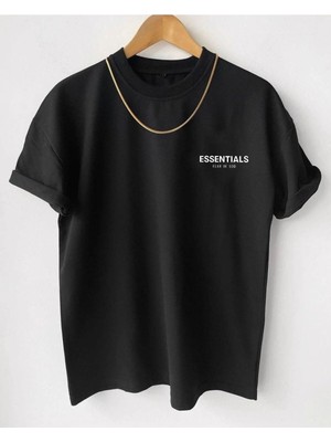  Erkek Siyah Essentials Baskılı Oversize Bisiklet Yaka Kısa Kollu T-Shirt