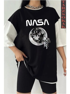 Siyah Oversize Çift Renk Nassa Sesi Yazı Baskılı Unisex Tshirt