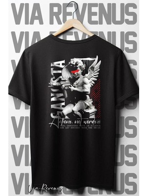  Gangsta Sırt Baskılı Oversize Geniş Kalıp Bisiklet Yaka Siyah Tshirt