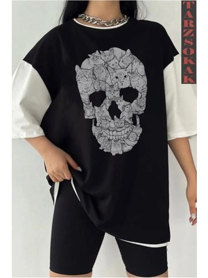  Siyah Oversize Çift Renk Skull Baskılı Unisex Tshirt