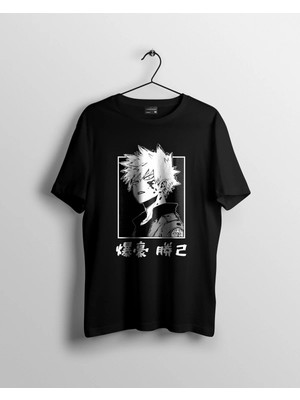  Unisex Siyah Bakugo Katsuki My Hero Academia Baskılı Anime T-Shirt