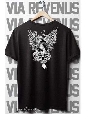  Kartal Sırt Baskılı Oversize Geniş Kalıp Bisiklet Yaka Siyah Tshirt