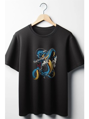  Ejderha Baskılı Oversize Geniş Kalıp Unisex Bisiklet Yaka Siyah Tshirt