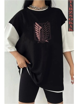  Siyah Oversize Çift Renk Atack Baskılı Unisex Tshirt