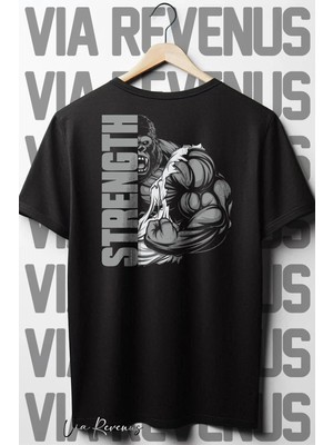  Strength Sırt Baskılı Oversize Geniş Kalıp Bisiklet Yaka Siyah Tshirt