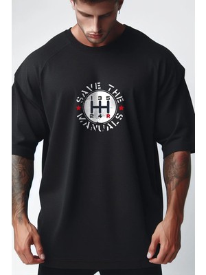  Save The Manuals Yazı Baskılı Siyah Oversize Bisiklet Yaka Tshirt