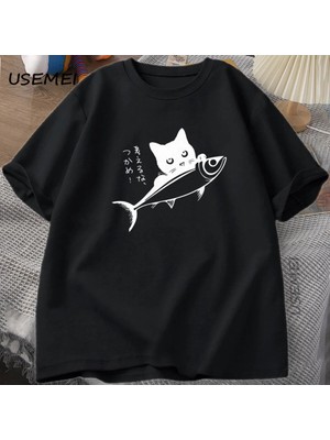  Siyah Kedi T-Shirt Komik Japon Balık Tshirt Kawaii Kedi Sevgilisi T Shirt Kadın Erkek Grafik 2944