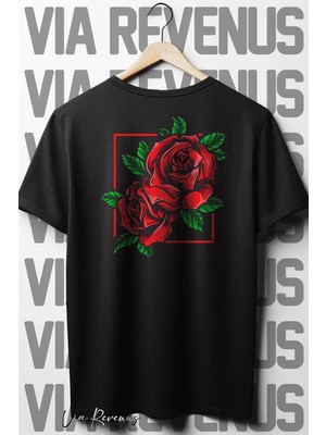  Roses Sırt Baskılı Oversize Geniş Kalıp Bisiklet Yaka Siyah Tshirt