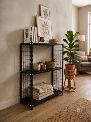 Rafburada 3 Katlı Renkli Tel Kafesli Dekoratif Çelik Raf - Çiçeklik Rafı, Ofis Rafı 0,70 mm TURUNCU-31X60 Cm-50 cm