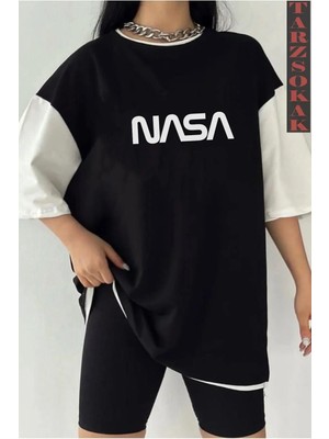  Siyah Oversize Çift Renk Nassa Sesi Yazı Baskılı Unisex Tshirt