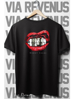  Money Talks Sırt Baskılı Oversize Geniş Kalıp Bisiklet Yaka Siyah Tshirt