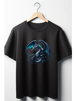  Ejderha Baskılı Oversize Geniş Kalıp Unisex Bisiklet Yaka Siyah Tshirt