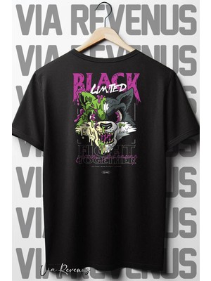  Black Cat Sırt Baskılı Bisiklet Yaka Siyah Oversize Geniş Kalıp Tshirt