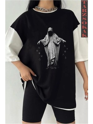  Siyah Oversize Çift Renk Dreadles Baskılı Unisex Tshirt